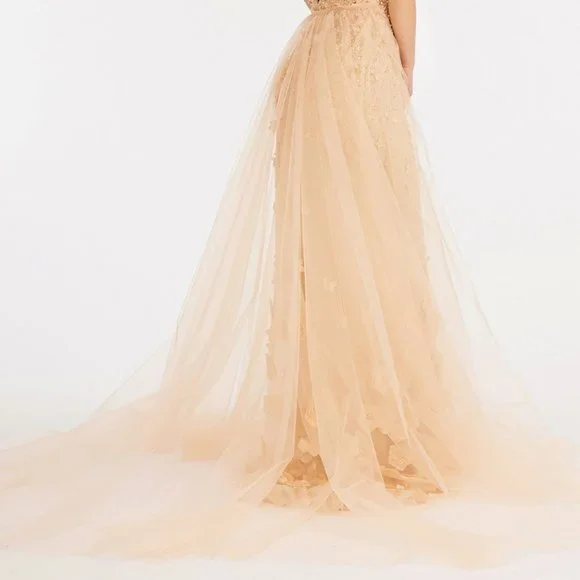 Rhinestone Embellished Mesh Mermaid Dress w/ 3-D Flower and Detached Layer G3011